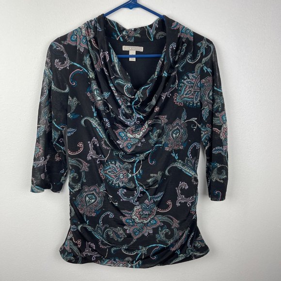 Dana Buchman Drape Front Paisley Print Top Womens S Black 3/4 Cowl Neck Ruched‎ - Picture 5 of 13